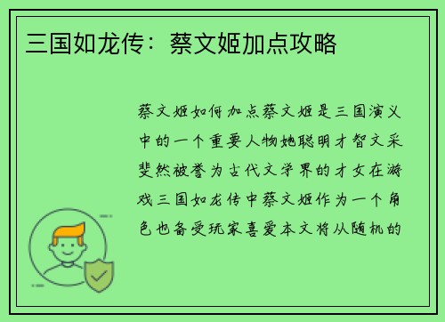 三国如龙传：蔡文姬加点攻略