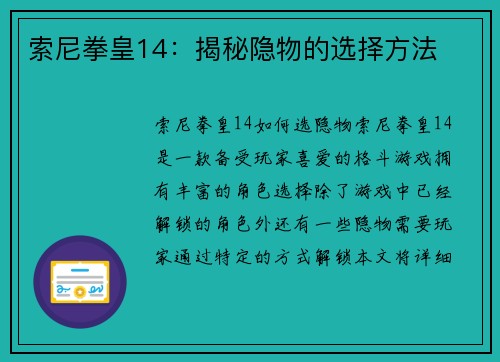 索尼拳皇14：揭秘隐物的选择方法